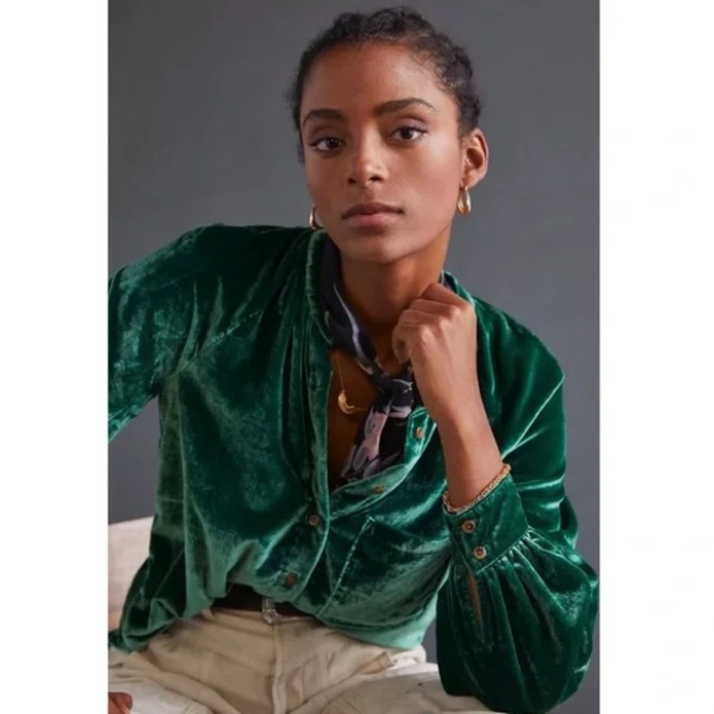 Anthropologie Pilcro Relaxed Fit Velvet Button Down Shirt Green Size Small